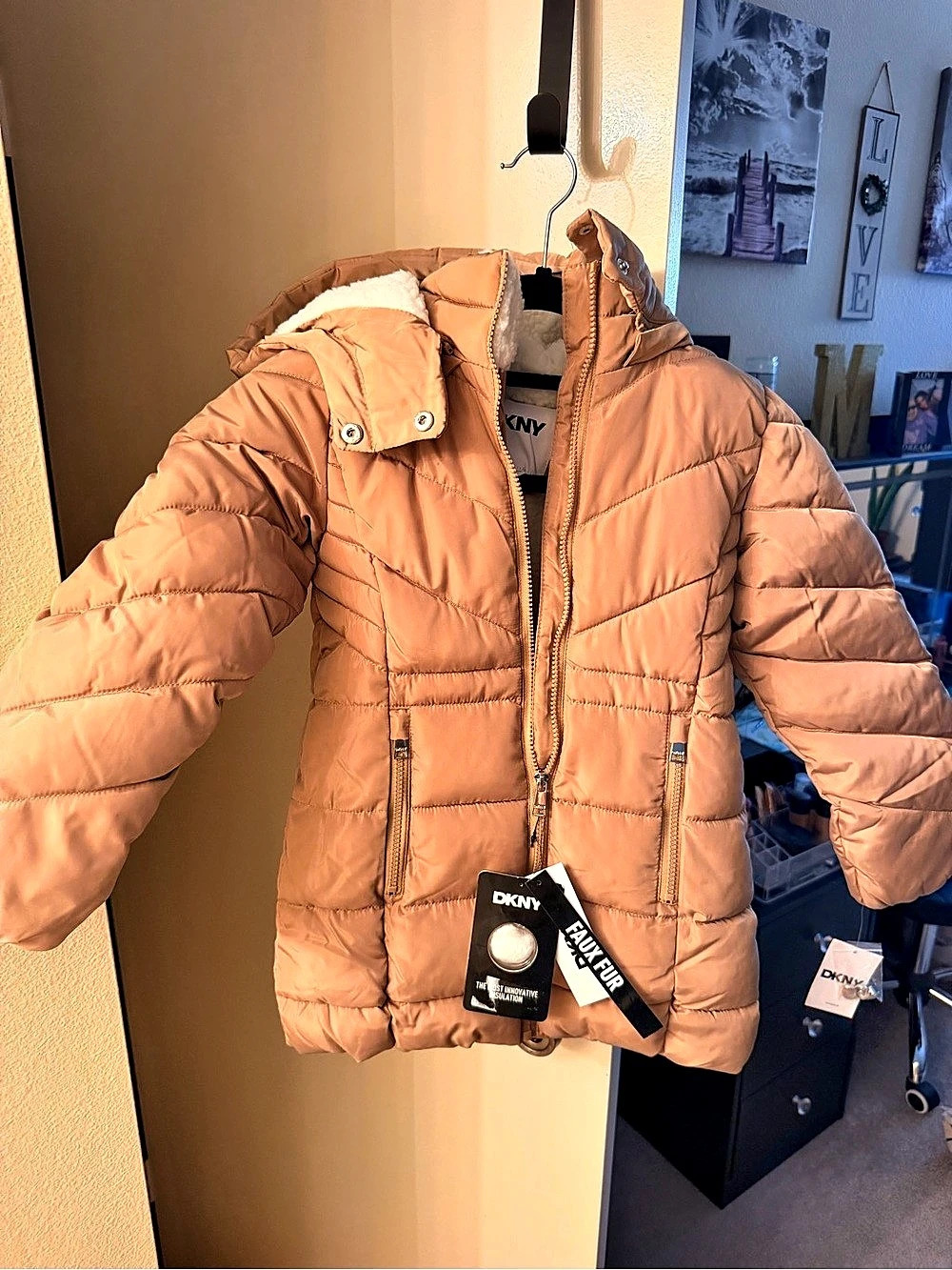 DKNY Faux Fur Hooded Puffer in Brown Size 6X NWT